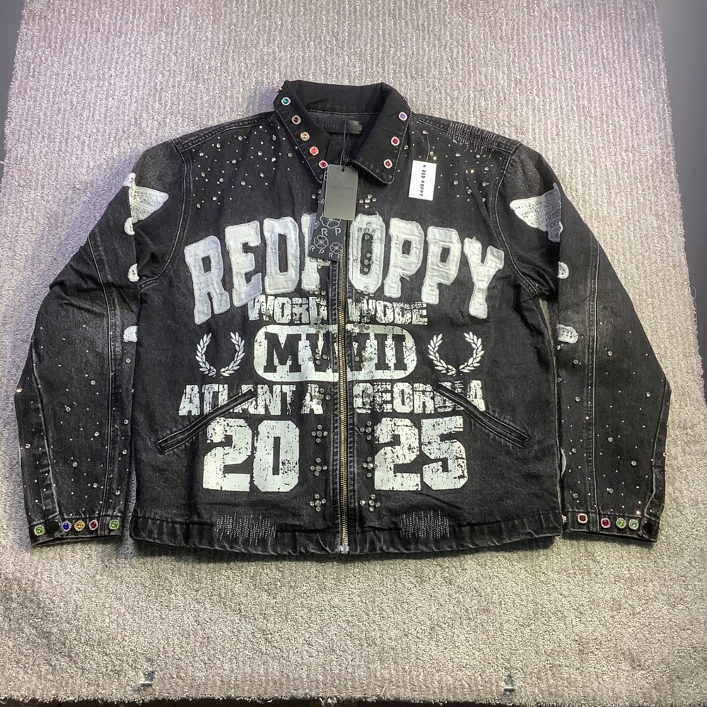Red Poppy Black Wash Embellished Graphic Denim Jacket Mens Size XL NWT - Picture 2 of 14